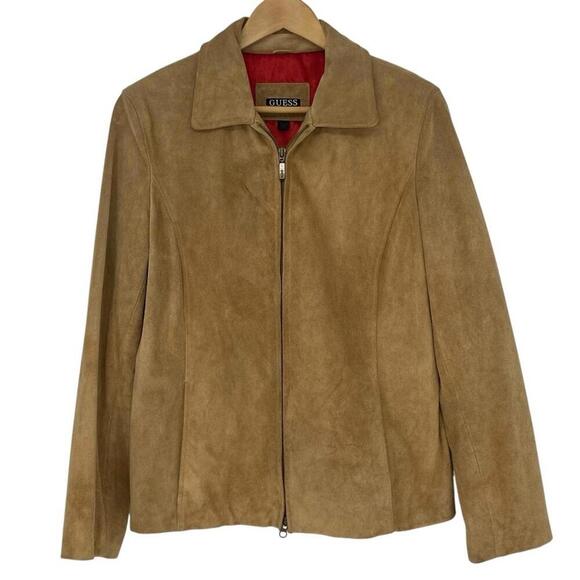 GUESS Vintage Y2K Camel Tan Suede Zippered Jacket Red Lining - Picture 1 of 15
